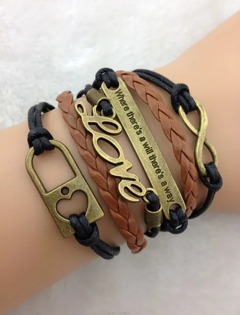 Love & Anchor Bracelet, Cream, Green Suede, Brown Wax Cords, Yellow Leather Braid 1729