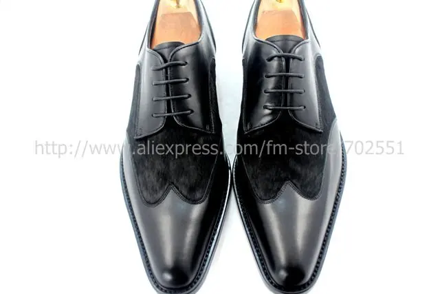 Free shipping adhesive craft handmade pure genuine calf leather men's dress/classic derby color black/horse hair shoe No.D56