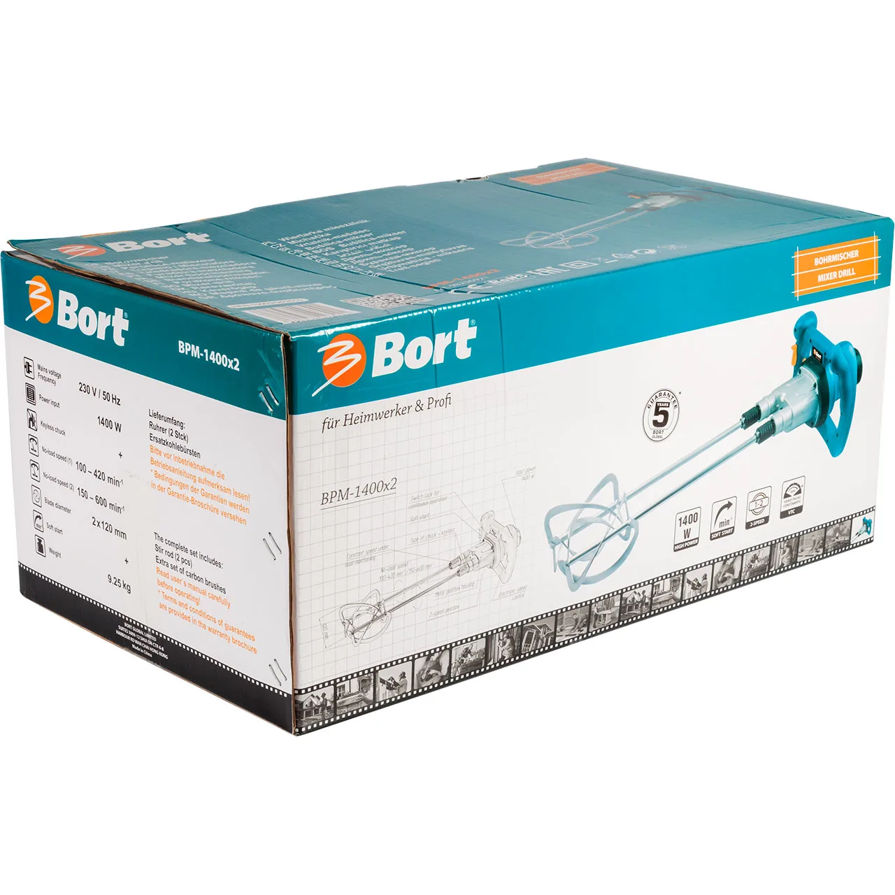 Дрель-миксер Bort BPM-1400x2 (Две скорости, плавный пуск, поддержание постоянной скорости под нагрузкой, диаметр лопасти 120 мм)