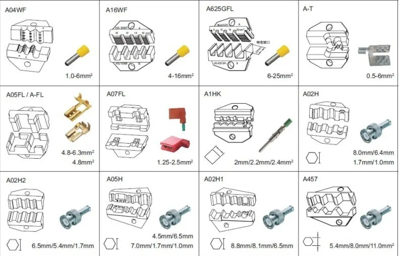 A04WFL A04WF A10WF A16WF A625GFL A40J A26TW A07FL штампы наборы для HS обжимной Пилер AM-10 EM-6B1 машина штампы наборы модули челюсти