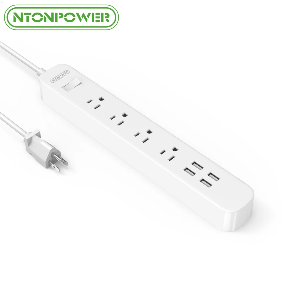 NTON power ODPC USB защита от перенапряжения, силовая лента, штепсельная вилка США 4, розетка переменного тока, 4 порта usb для зарядки с переключателем перегрузки, длинный шнур питания 1,5 м - Цвет: Белый