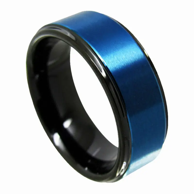 Queenwish 8mm Black Tungsten Mens Ring Brushed Blue Brushed Wedding Band