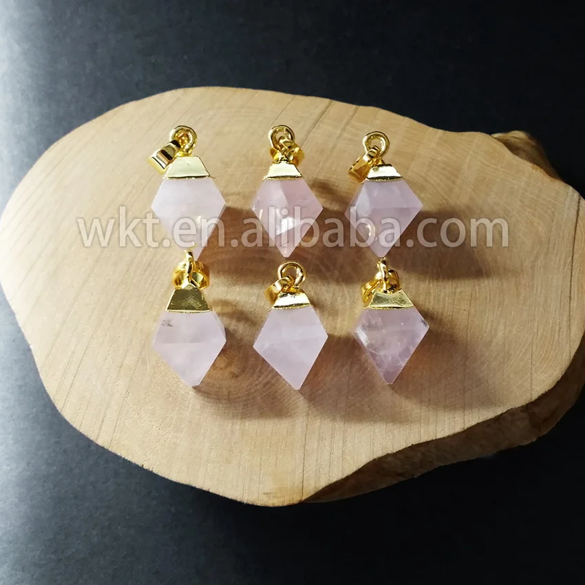 

WT-P651 Charming New Trending Quartz Pendant Gold cap Natural Rose-Pink Raw Stone Pendant For Women Fashion Jewelry