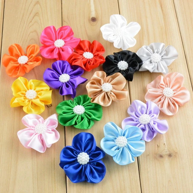 10pcs/lot 2" 16colors Hair Clips Satin Ribbon Petal Flower With Pearl