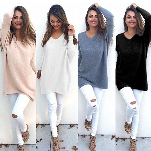 

Women Pure Color Loose Casual V Neck Long Sleeve Pullover Dress Top Blouse Sweater