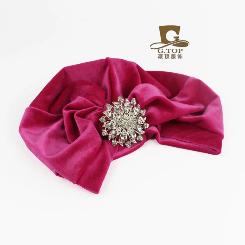 hot pink Новомодных индийских Стиль бархат Хлопушки драгоценностями брошь стрейч шляпа для женщин повязкой на голову-чалмой ухо теплым шляпа - Цвет: hot pink