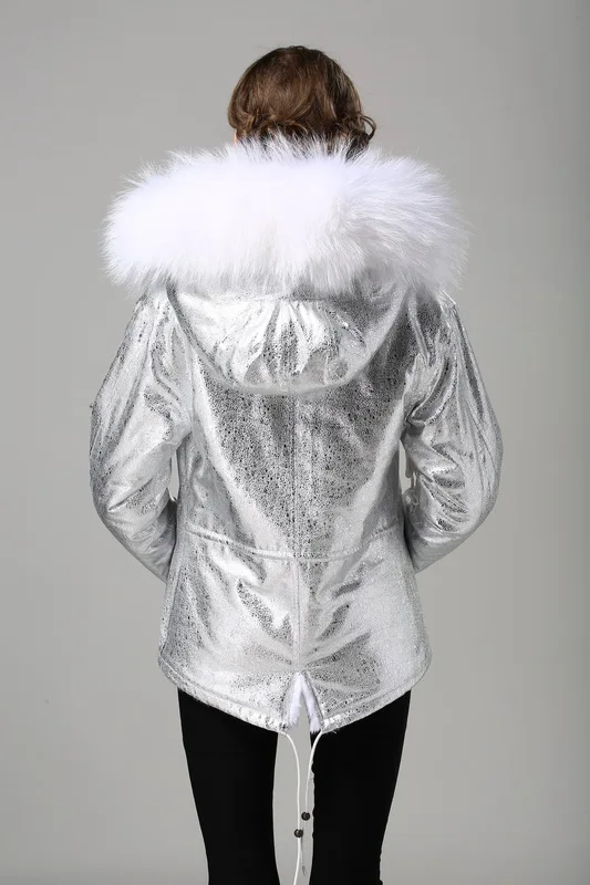 Women Fur Hooded Parka Padded Eal Fur Parka Silver Foil White Faux Fur Lined Parka with Natural Mr Mrs Fur Coat Parka