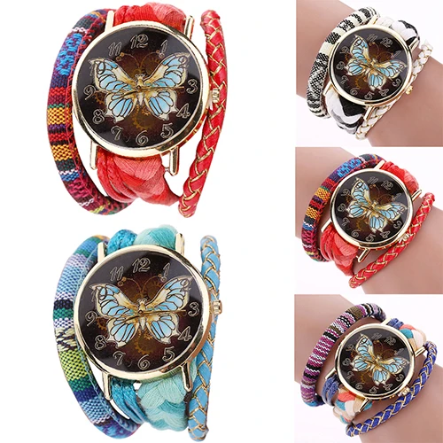 Для женщин Этническая Стиль Бабочка Multi Слои Плетеный ladied Кварц Браслет наручные