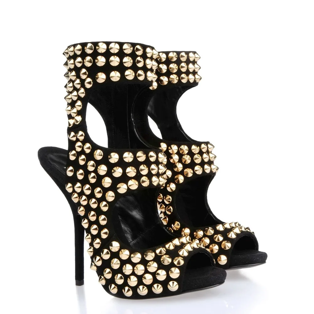 

White/Black Punk Women Sandals With Gold Rivet Extra Thin High Heels Made-to-order Plus Size Shoes For Ladies Italy Euro