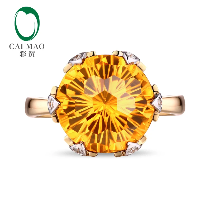 Caimao Jewelry 12mm Round Cut 7.21ct Citrine Ring 14k Gold With Natural Diamond