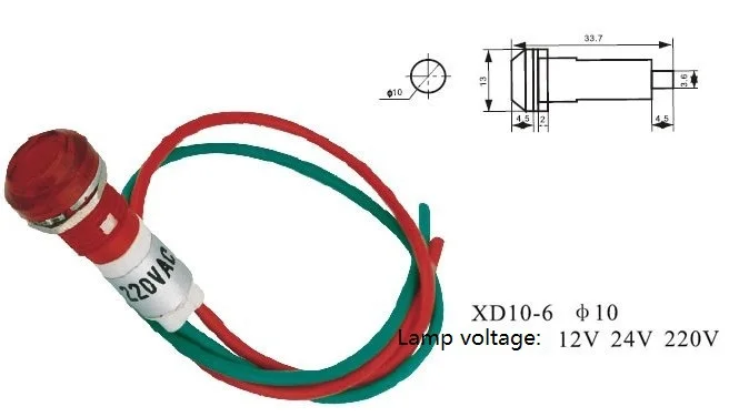 Сигнальная XD10-6 монтажное отверстие 10 мм DC12V DC24V AC220V с кабель провод 20 см