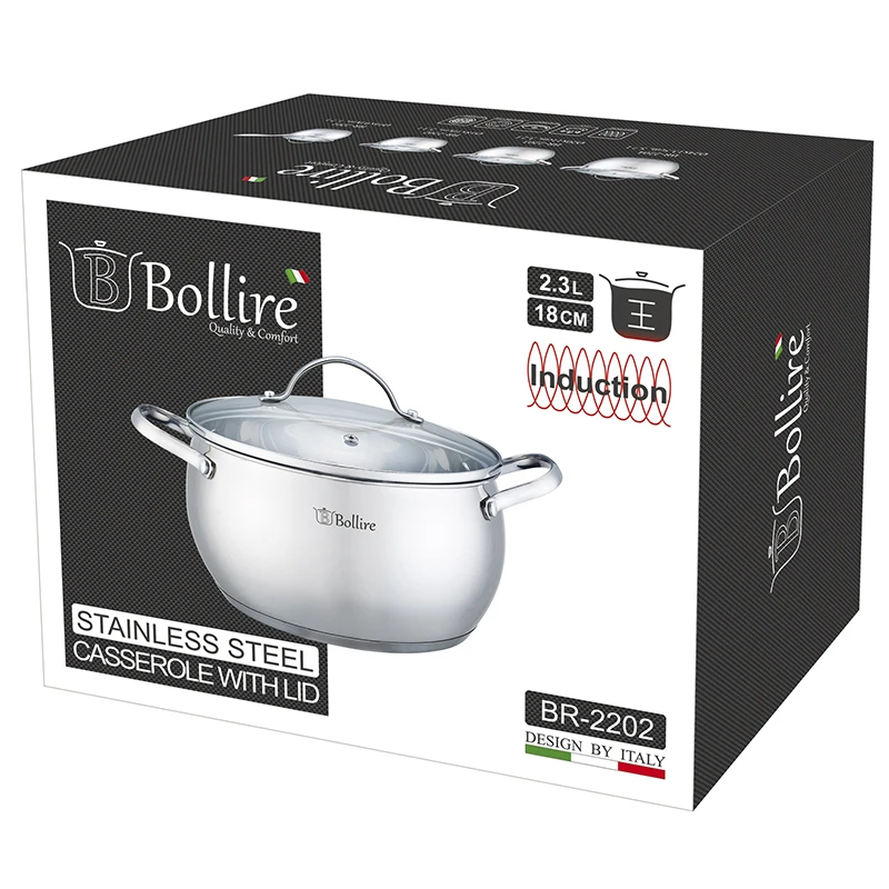 BR-2202 Кастрюля Bollire 2.3L Подходит для всех видов плит, включая индукционные, Капсульное дно, Зеркальная полировка корпуса