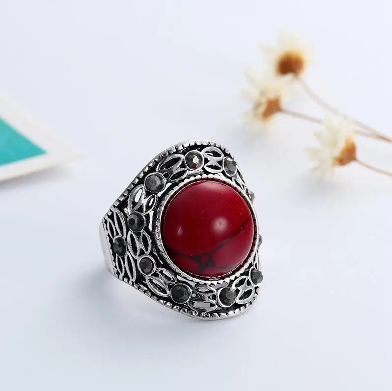 red Классические кольца с зеленым, синим, красным круглым камнем для женщин, античный серебряный цвет, обручальное кольцо, кольца для женщин, большой круглый камень, ювелирное изделие, подарок - Цвет основного камня: red