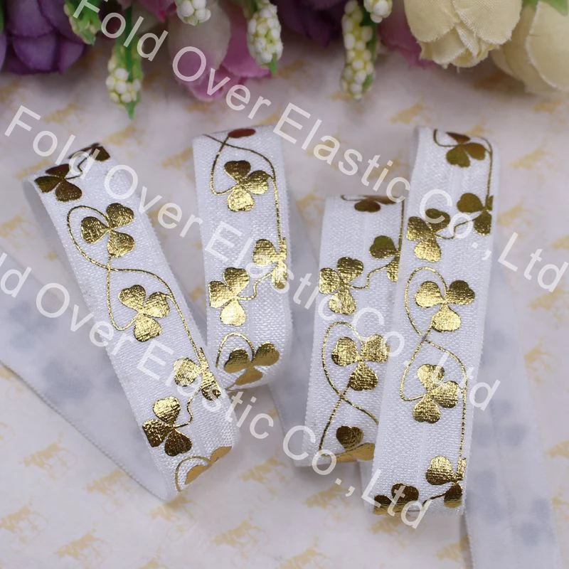 

5/8"shiny fold over elastic FOE 50yards/lot gold foil clovers for St.Patrick's Day for hair ties