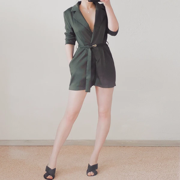 HYH HAOYIHUI Women Romper Solid Green Long Sleeve Deep V Neck Playsuit Drawstring Elegant Streetwear Sexy Casual Jumpsuit