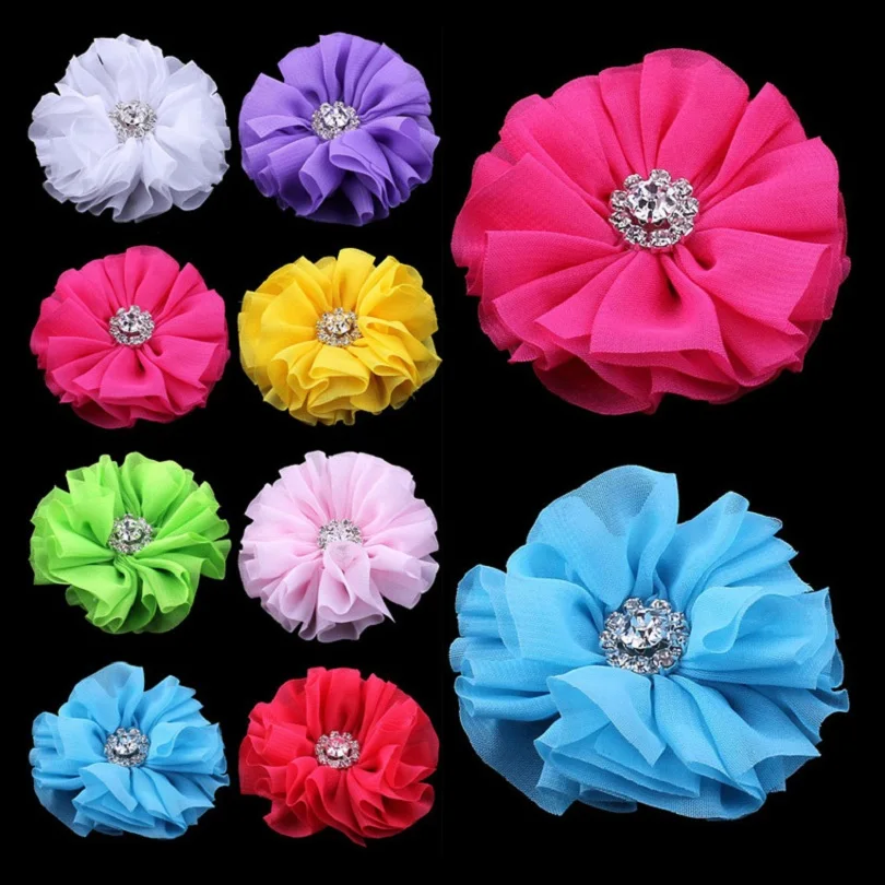 

10pcs/lot 6.5cm 15colors Hair Clips Ruffled Ballerina Chiffon Hair Flower With Rhinestone Button Fabric Flowers For Headbands