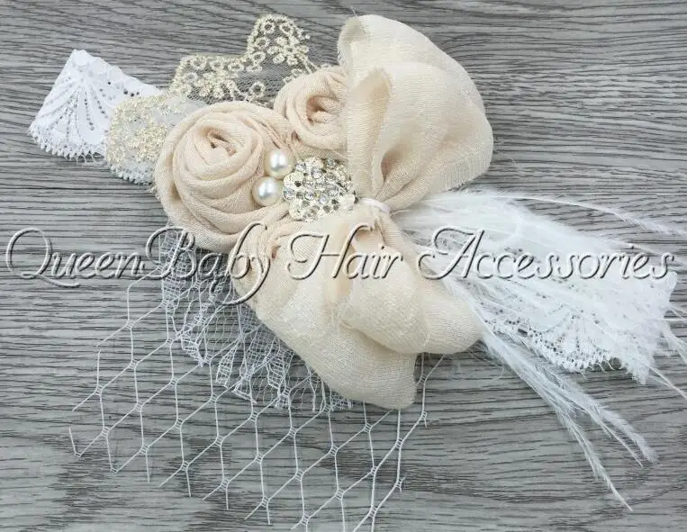 Beige Винтажная повязка для волос Rayom Slub Rosette, Мягкая Детская повязка для волос с бантом, Кружевная повязка для волос, повязки для волос для новорожденных, аксессуары для детей - Цвет: Beige