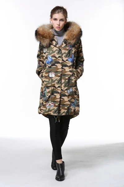 Hot Women Fake Fur Parkas Camouflage Parkas Hooded Fur Army Green Overcoat Free Shipping