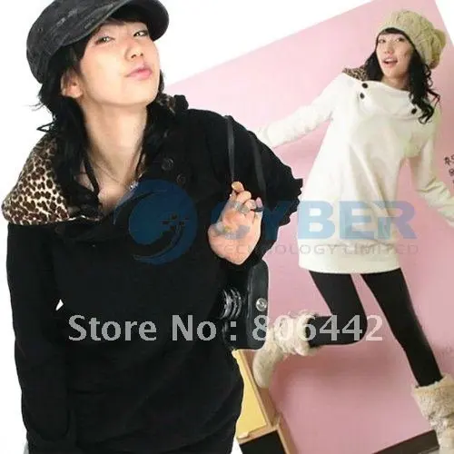Womens Autumn Sweatshirts Hoodies Leopard Top Outerwear Parka Coats White/ Black Four Size free shipping