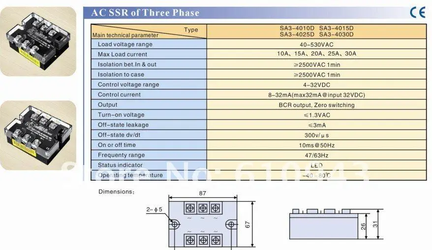 SA34015D Трехфазный переменного тока твердотельные реле нагрузки Напряжение 40-530vac, управление vollage 3-32vdc