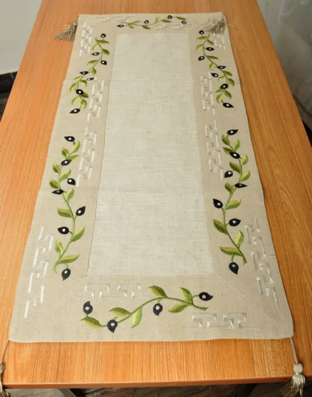 Oval table runner with embroidered olives and greek designs gold colour material,free register shipping with tracking number.
