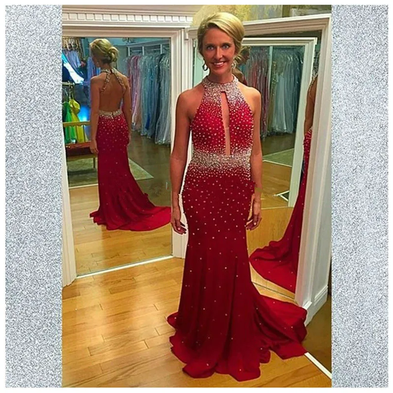 

Burgundy Mermaid Halter Chiffon Prom Dresses 2018 Beading Off the Shoulder Evening Dress Custom Made vestido de festa ZZ561