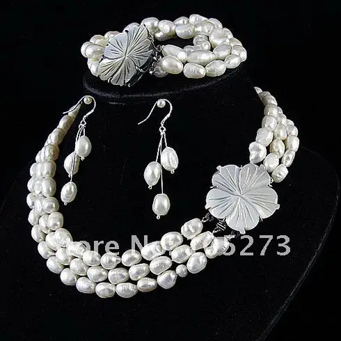 Очаровательная! jewelry Set 3 ряда AA 7-8 мм белый цвет Натуральной пресноводного жемчуга ожерелье, браслет, серьги Горячие продажи Бесплатная