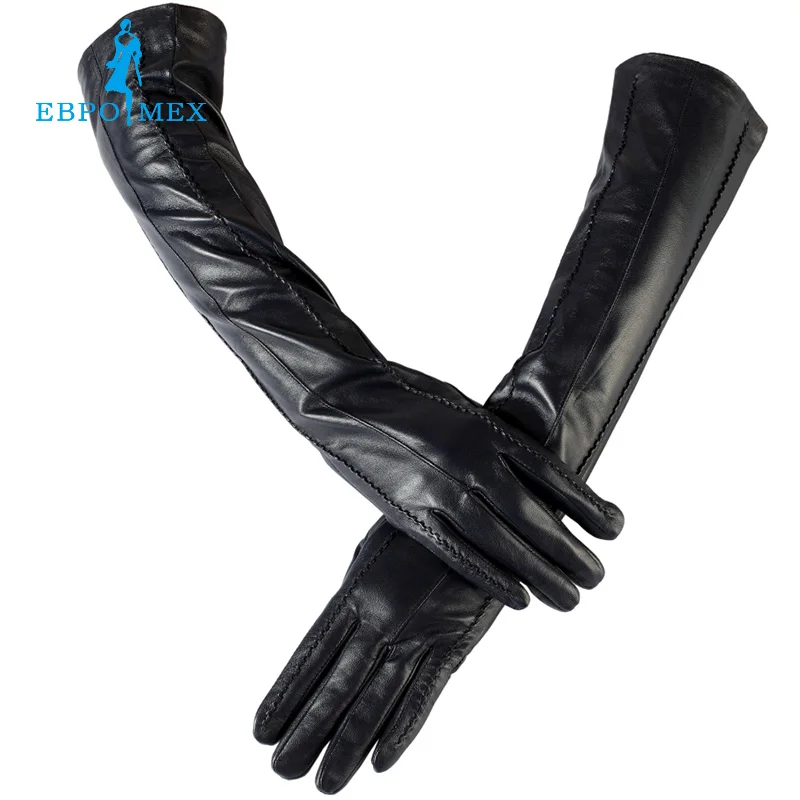 fashion female leather gloves s,Genuine Leather,Cotton,Adult,Black,Length 45-48CM, Spandex, leather gloves - Цвет: BLACK