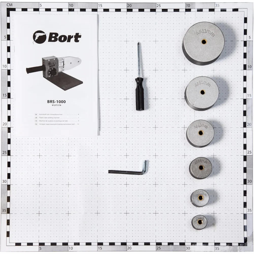 Аппарат для сварки труб Bort BRS-1000(Мощность 1000 Вт, насадки 20/25/32/40/50/63 мм, регулировка температуры до 300 °С