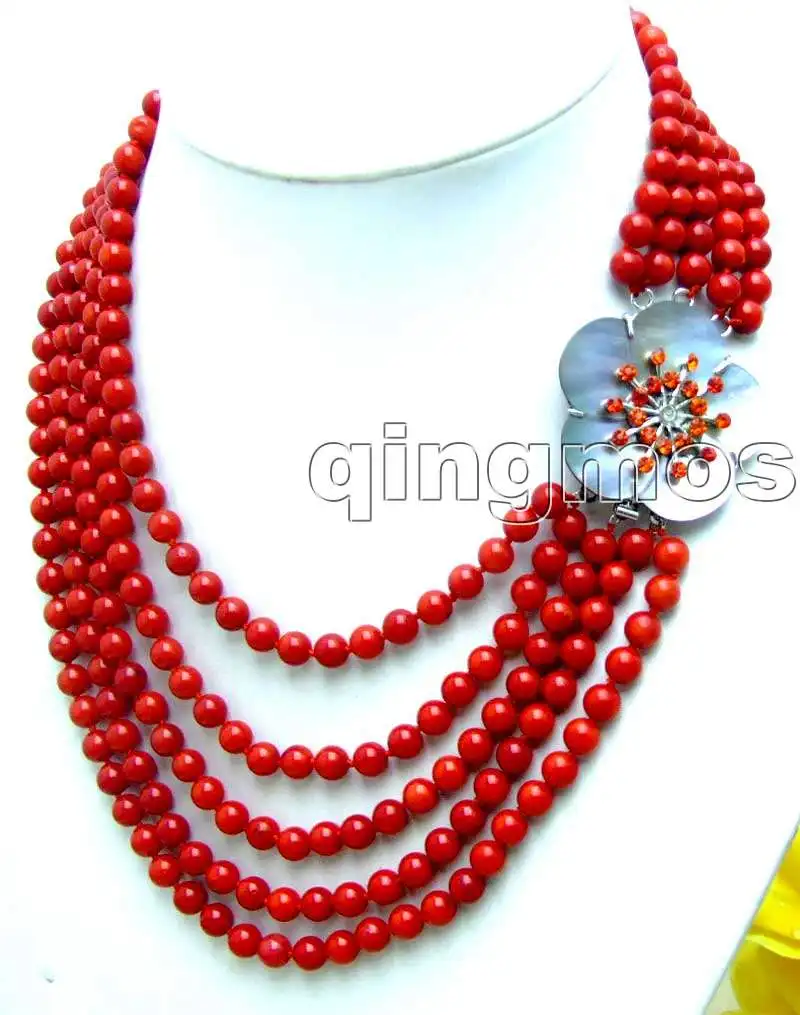 Пышное! Распродажа Красный 6-7 мм Круглый Натуральный Коралл 18-23 "5 нитей neckalce с большой 40 мм красный В виде ракушки Clasp-nec5691 Бесплатная