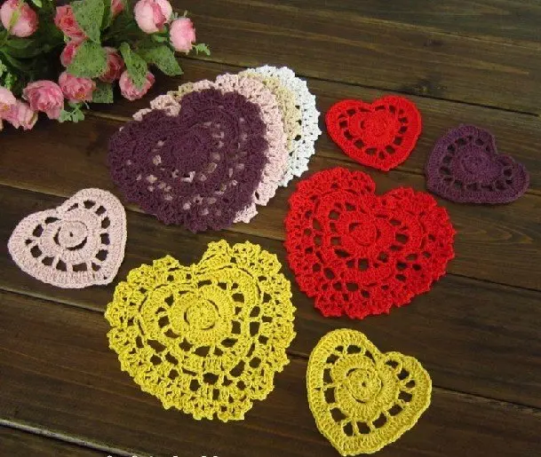 Дизайн сердца хлопок ручное вязание крючком Doily, подстаканник, кроше аппликация 9 см X 8 см 20 шт/лот CD041-S