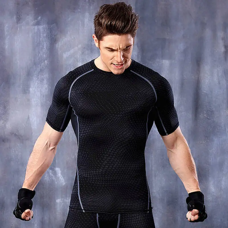 Black Grey Для мужчин высокого эластичная безрукавка футболки body shaper фитнесс топы Короткий рукав быстросохнущая рубашка MA20 - Цвет: Black Grey