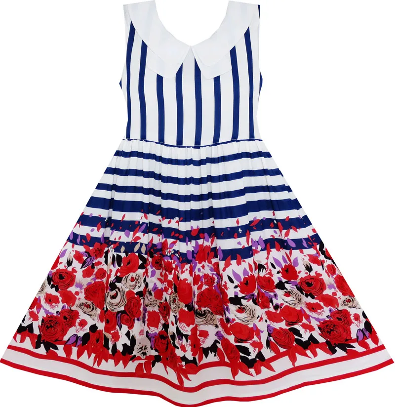 Платье для девочек с отложным воротником в полоску розовым цветком голубое