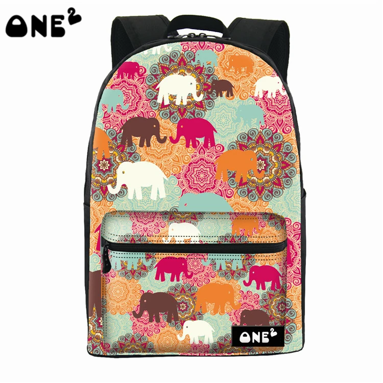 2016 ONE2 Design colorful elephant pattern foldable nylon school bag