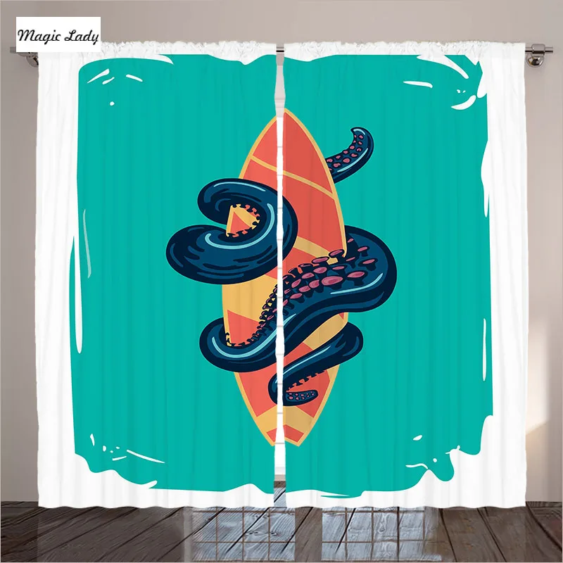 Turquoise Curtains Living Room Bedroom Octopus Tentacles Surf Board Water Retro Poster Teal Orange 2 Panels Set 145 265 Sm Curtain Living Room Turquoise Curtainsliving Curtains Aliexpress