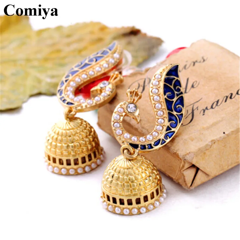 Женские серьги подвески Comiya с золотым жемчугом и голубым павлином индийские