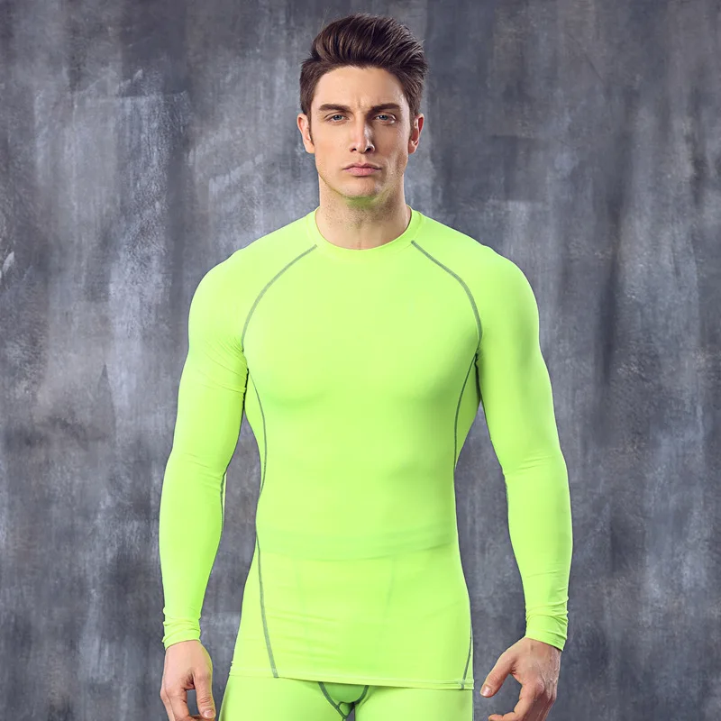 Bright Green Для Мужчин's body shaper фитнесс Одежда футболки эластичные компрессионные быстрое высыхание топы с длинными рукавами MA25 - Цвет: Bright Green
