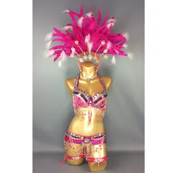 Бесплатная доставка Горячая распродажа! Сексуальная Samba Rio карнавальный костюм Новый живота Танцевальный костюм с ярко-розовый Цвет перо