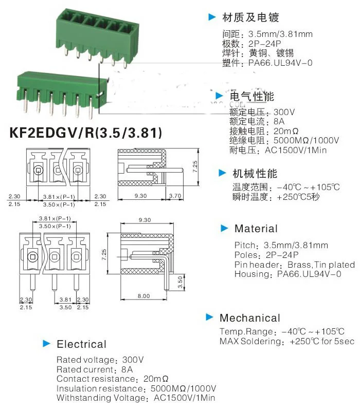 2EDG3. 81-4 P 3,81 мм разъем клеммной колодки, прямые булавки