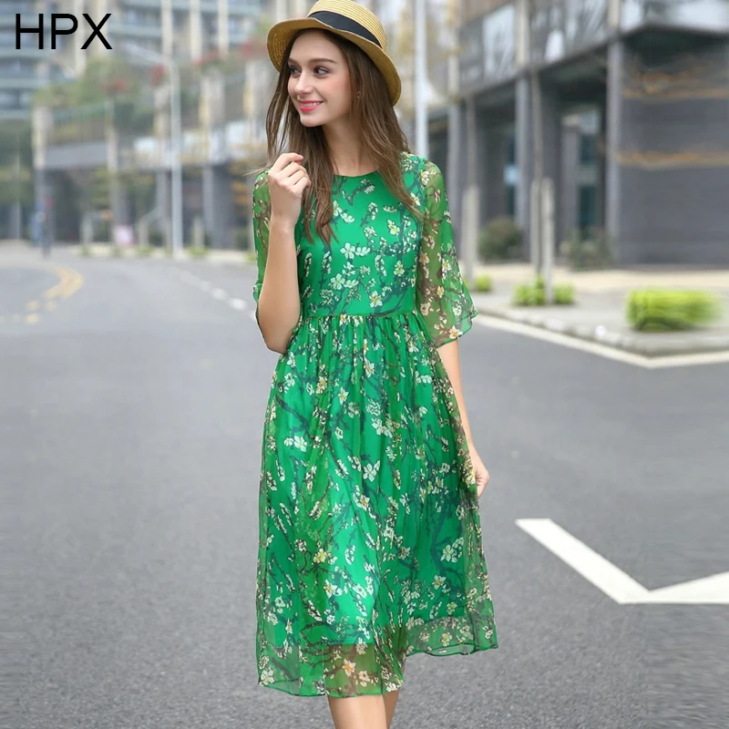 Женщины зеленый красный натурального шелка цветок печать дамы высокой талией