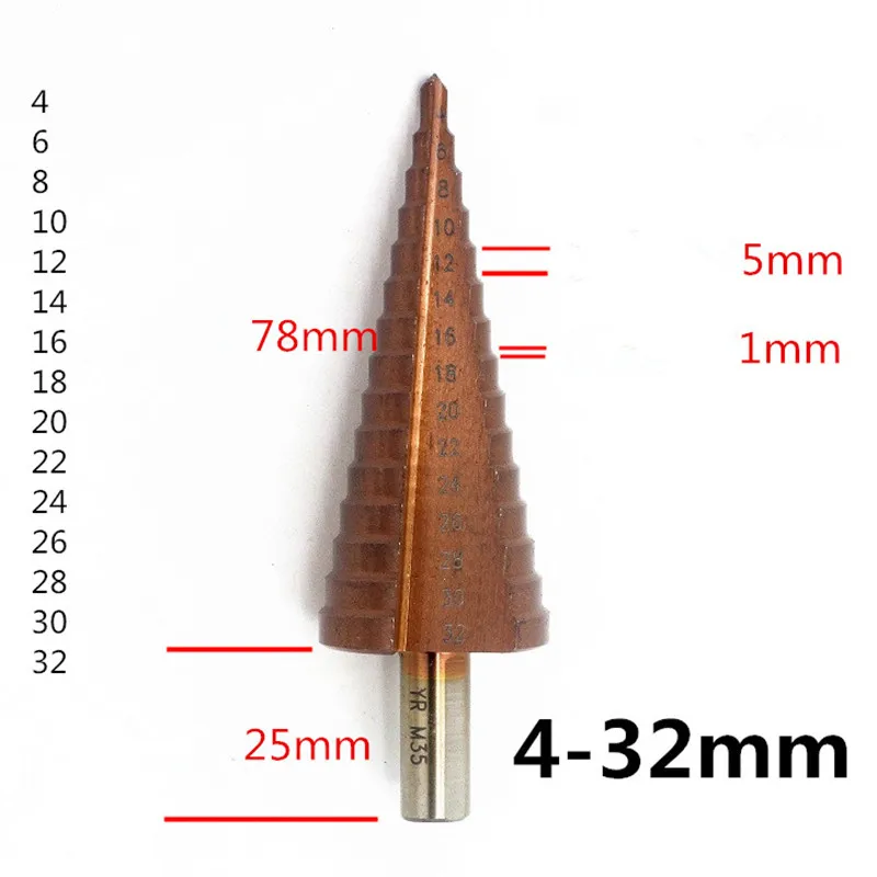 4-32 mm-es fúrók fém vaslemeznyitó lyukasztókhoz M35 kobalt fúrószerszám Broca Escalonada Para Metal Punte Trapano