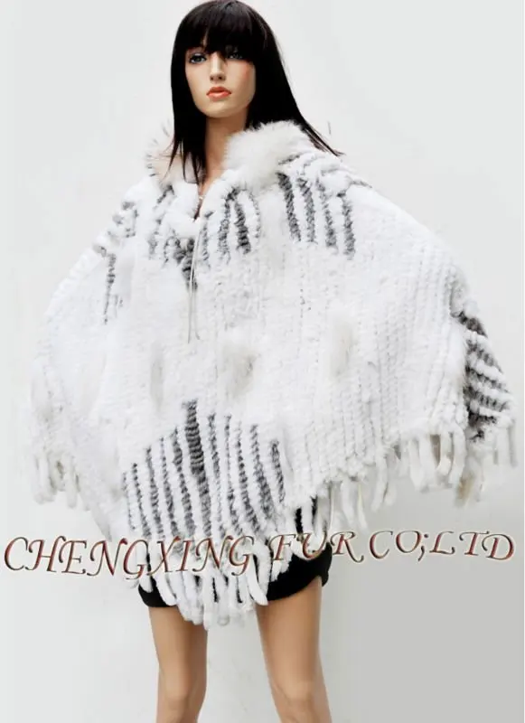 CX-B-110B Large Knit Rabbit Fur Poncho Shawl With Hood ~ DROP SHIPPING 