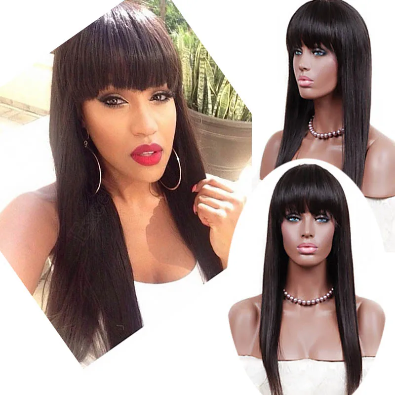 

Hot Sale 100% Brazilian Virgin Hair Lace Wig Fringe Straight Lace Front Wigs Human Hair Full Lace Wig With Bangs Bleached Knots