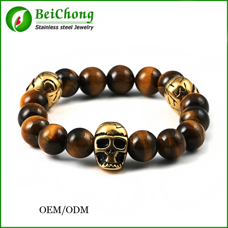 

10pcs New fashion natural stones skull bracelet For women Lava stone beads and tiger eye stone beads men bracelet northskull