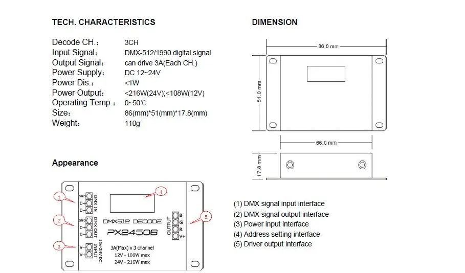 Px24506; 3A* 3 канала DMX декодер постоянное напряжение, DC12-24V вход