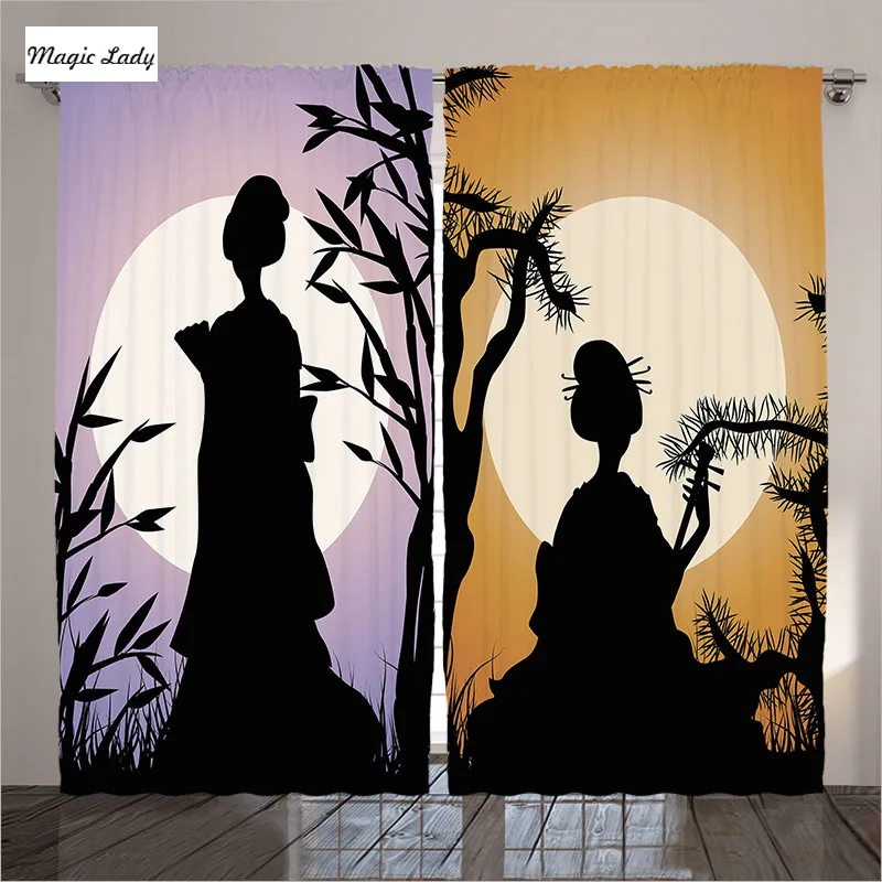 Шторы Двойной Окна Гостиной Спальня Силуэты Существ Луна Деревья Кактусы