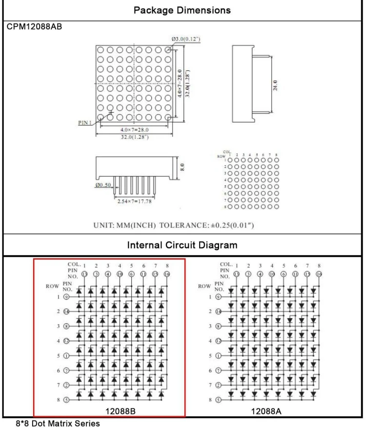 CPM12088BR 8x8 32mmx32 мм точка матрица 3 мм общий анод красный