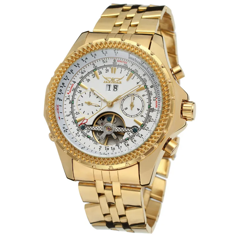 JARAGAR Tourbillon Авто Дата мужские часы, наручные часы Золотой корпус автоматические мужские часы Механические наручные часы Relogio Dourado