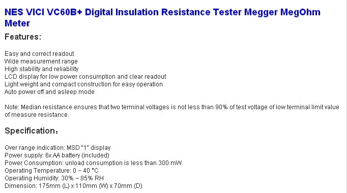 NES VICI VC60B+ цифровой измеритель сопротивления изоляции тестер megger Мегаомметр
