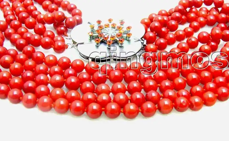 Пышное! Распродажа Красный 6-7 мм Круглый Натуральный Коралл 18-23 "5 нитей neckalce с большой 40 мм красный В виде ракушки Clasp-nec5691 Бесплатная